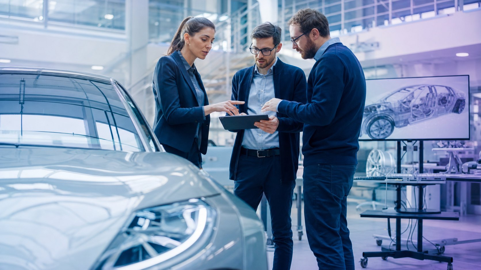 Automotive manufacturing floor with EV battery and electric-control systems in production