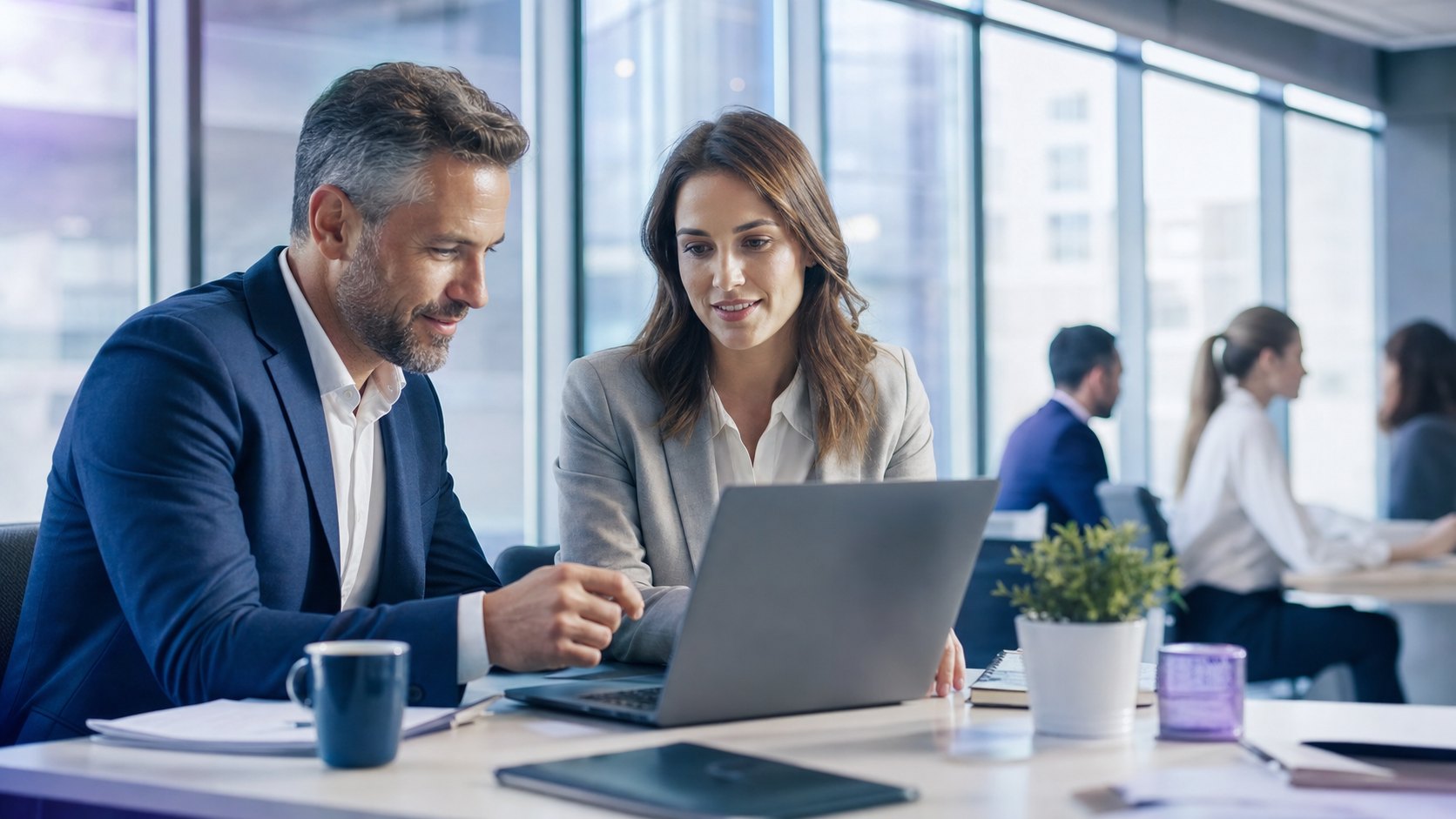 Compliance and risk professionals reviewing regulatory documents in a bank office