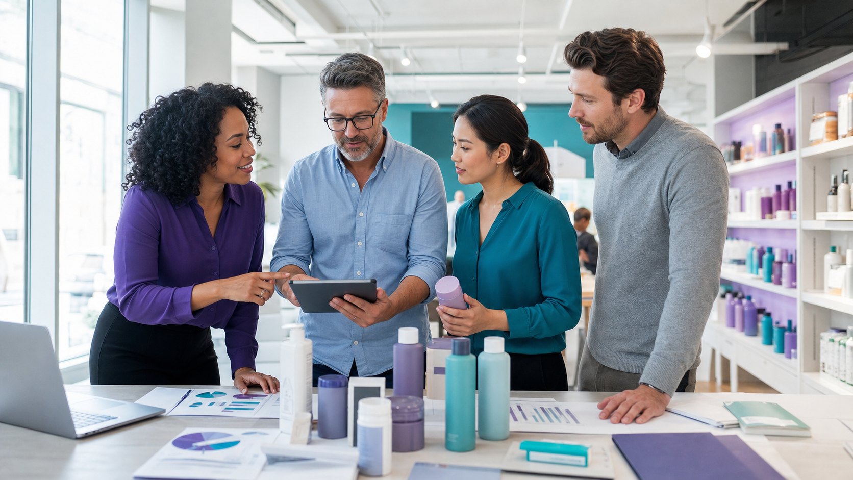 Retail and CPG team members collaborating in a modern store and distribution environment