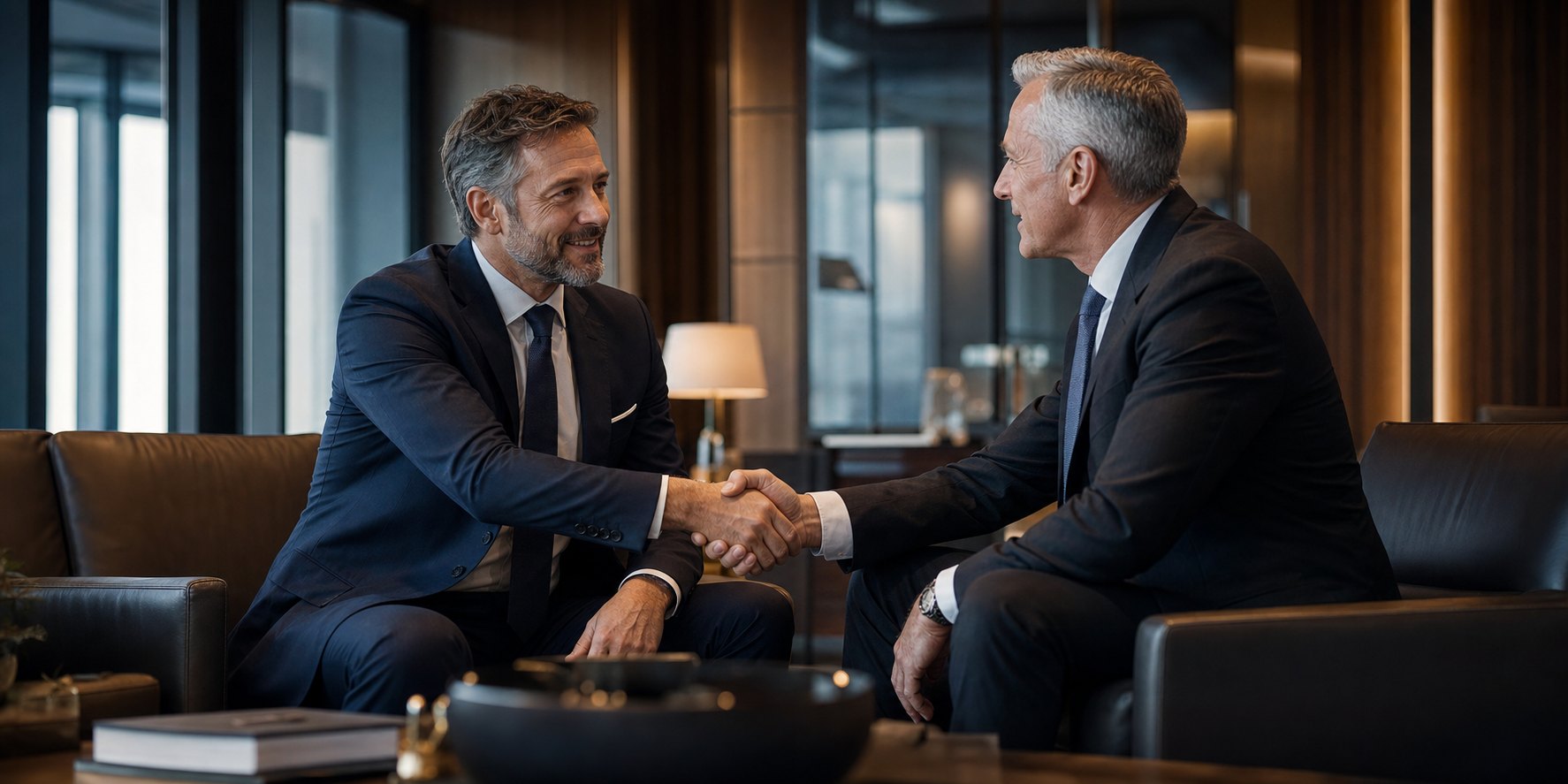 Executive walking through a modern corporate boardroom hallway, representing senior leadership hiring