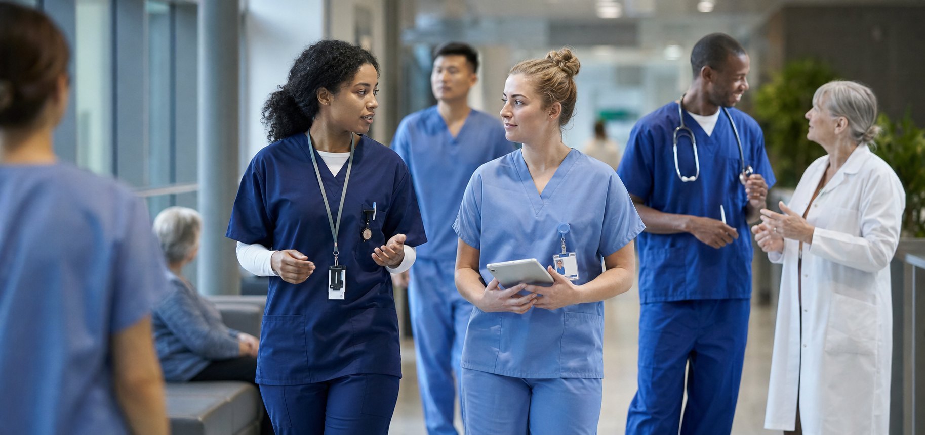 Nurses and clinical staff collaborating in a hospital hallway