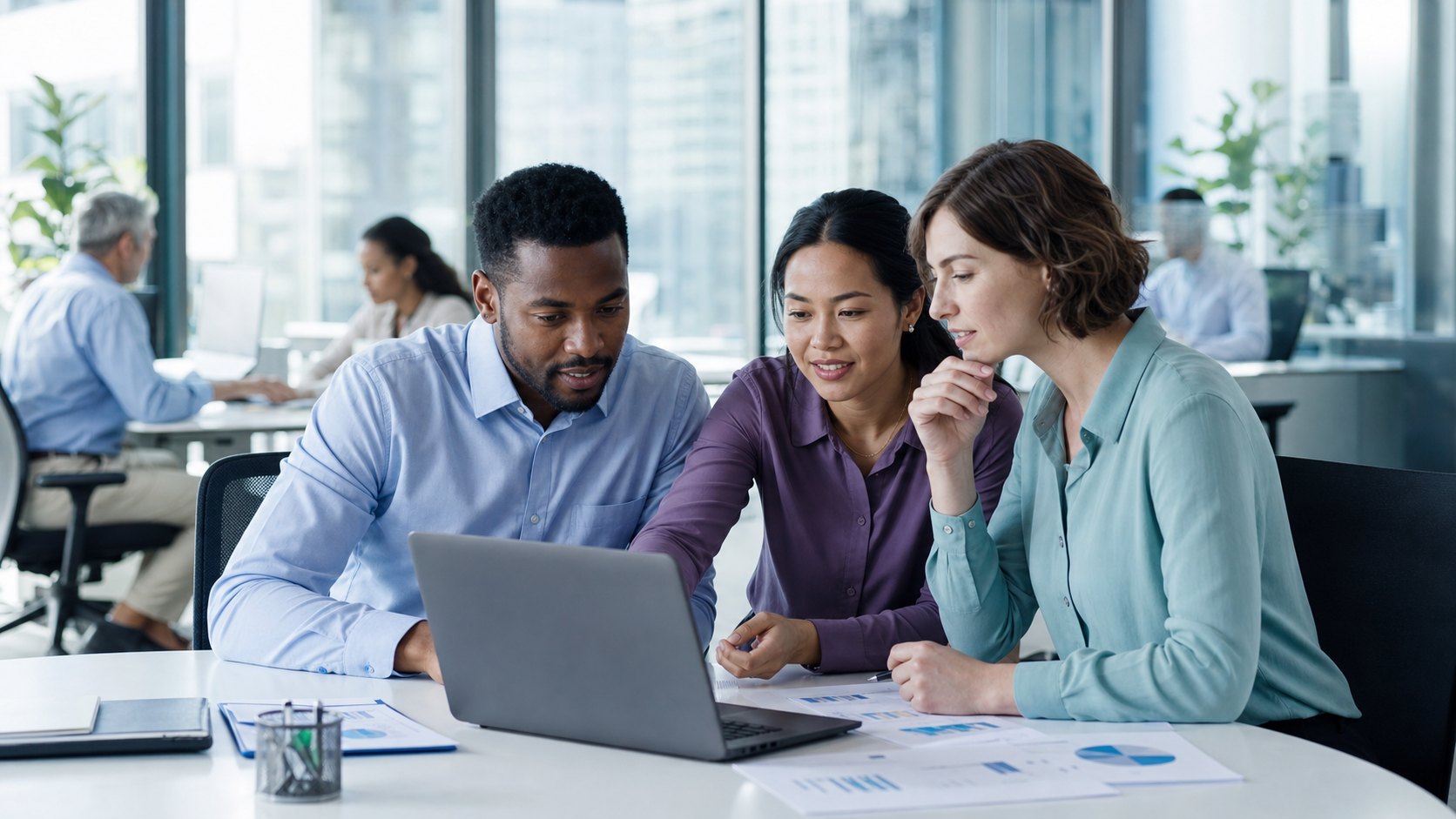 Insurance professionals reviewing claims and underwriting data in a modern office