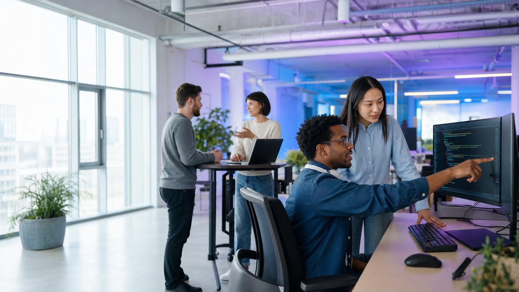 Technical recruiters and engineers collaborating in a bright modern workspace