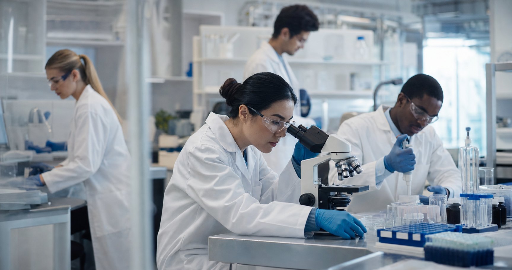 Clinical research professionals reviewing trial data in a lab setting