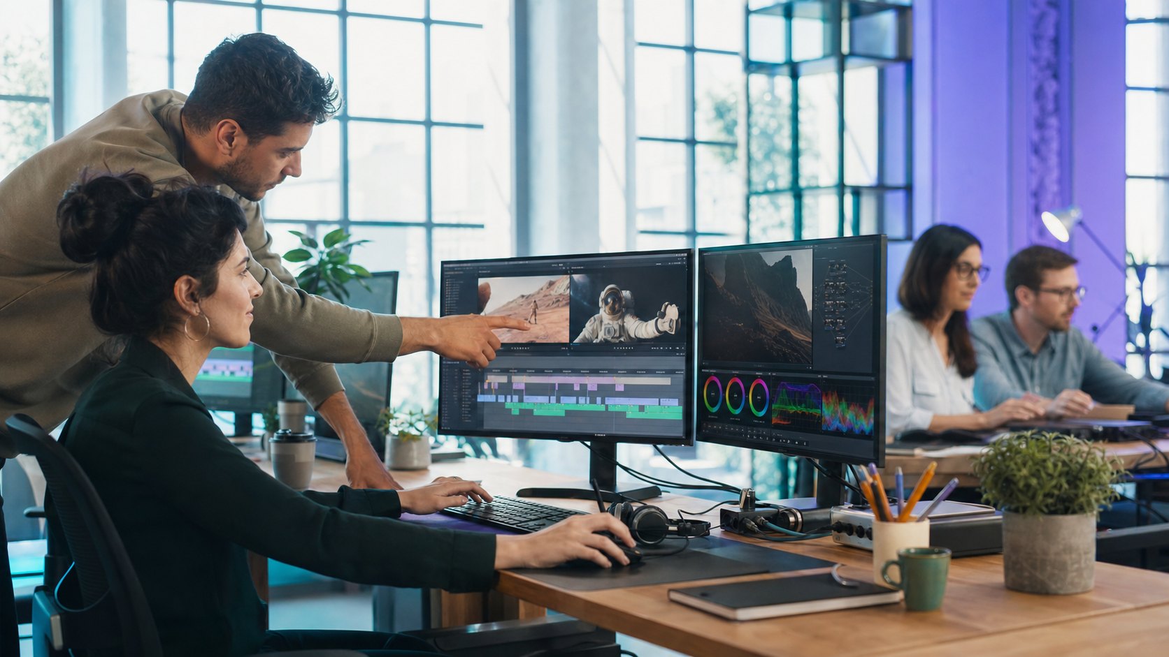 Production crew and post-production editors working on a media project