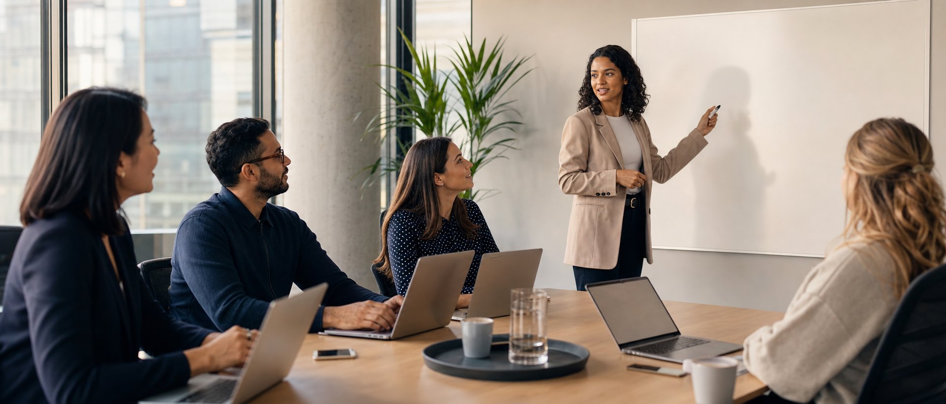 Talent acquisition leaders reviewing recruiting dashboards in a modern office