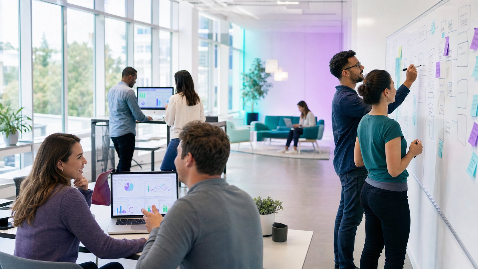 Sales and marketing team collaborating around a laptop in a modern office, representing GTM hiring